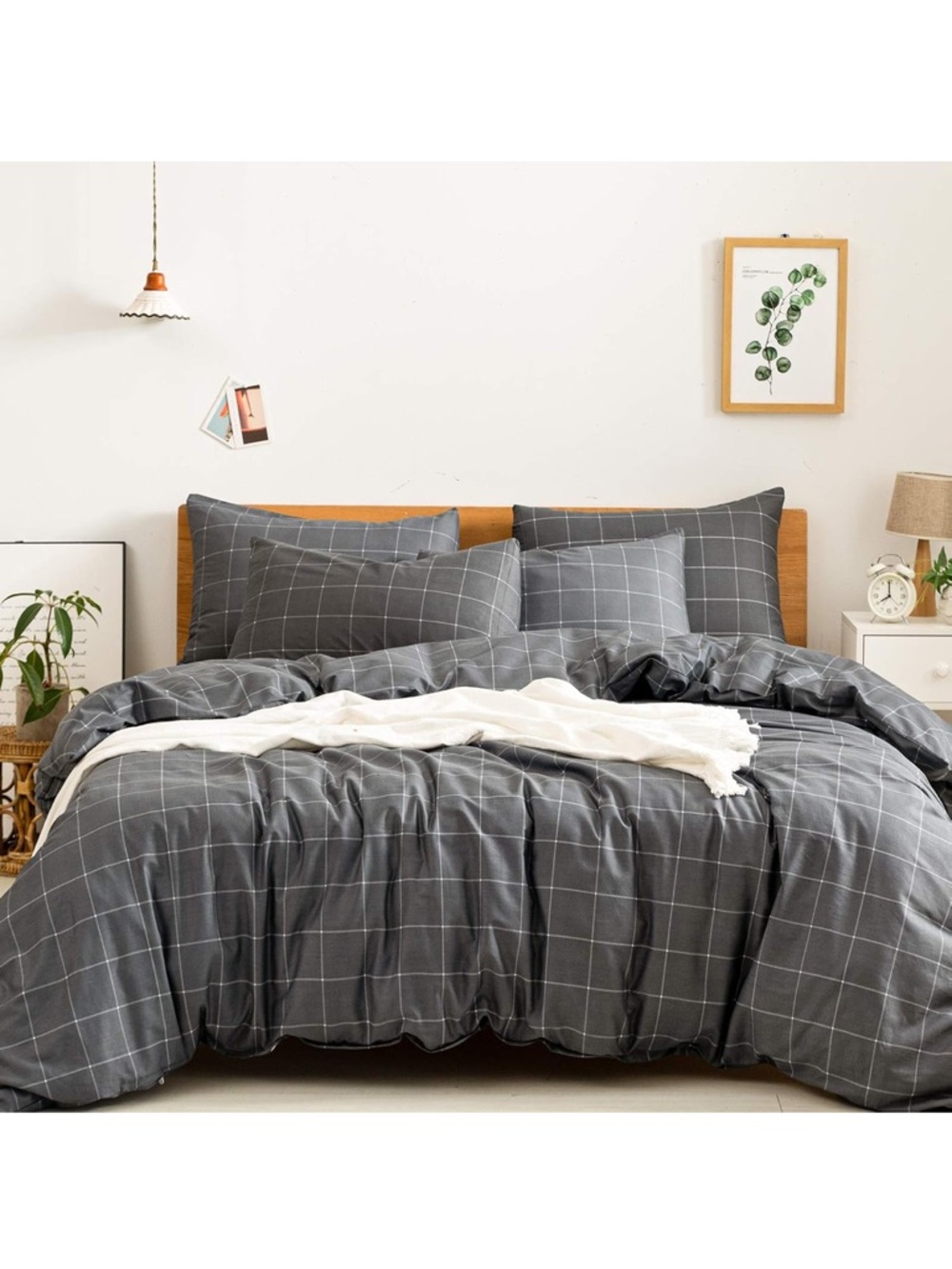 JELLYMONI Cotton Queen Duvet Cover and 2 Pillow Cases Grid Geometric Zipper